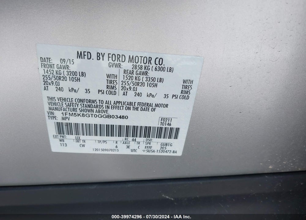2016 FORD EXPLORER SPORT VIN: 1FM5K8GT0GGB03480