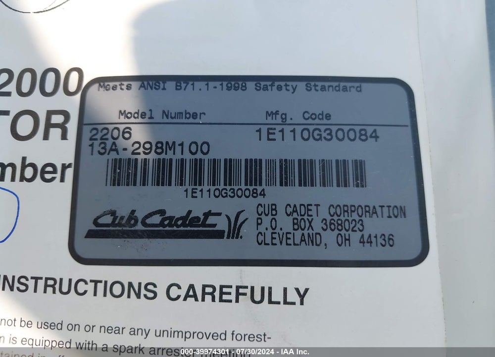 2000 CUBCADET RZT50 VIN: 220613A298M100