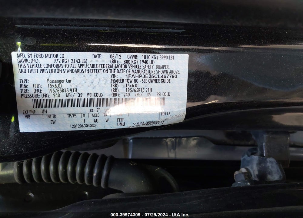 2012 FORD FOCUS S VIN: 1FAHP3E25CL467790