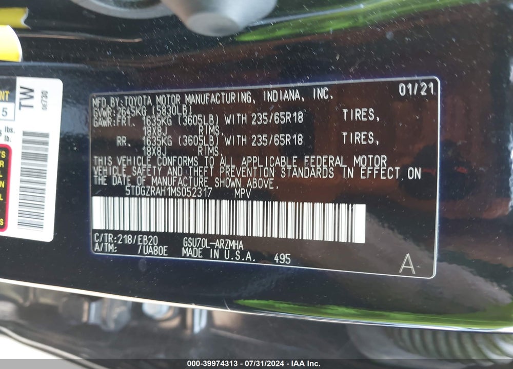 2021 TOYOTA HIGHLANDER XLE VIN: 5TDGZRAH1MS052317