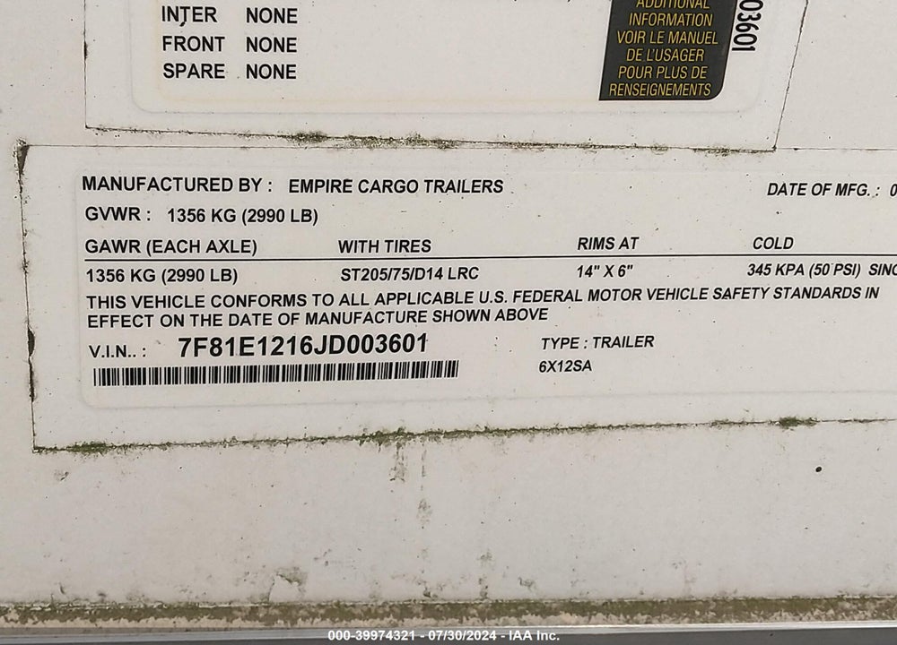2018 EMPI TRAILER VIN: 7F81E1216JD003601