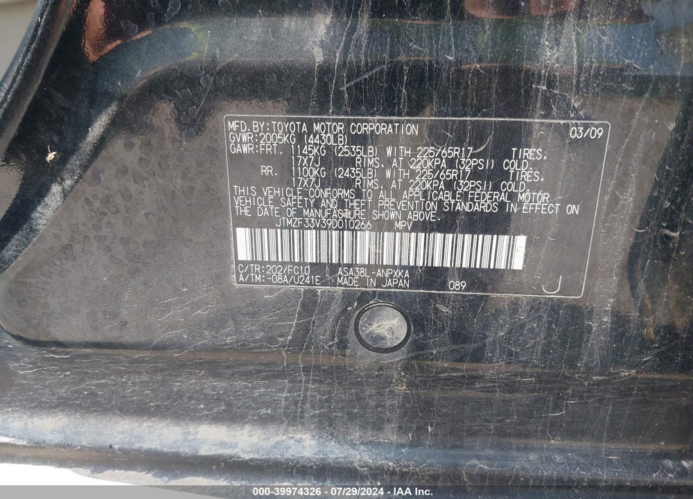 2009 TOYOTA RAV4 VIN: JTMZF33V39D010266
