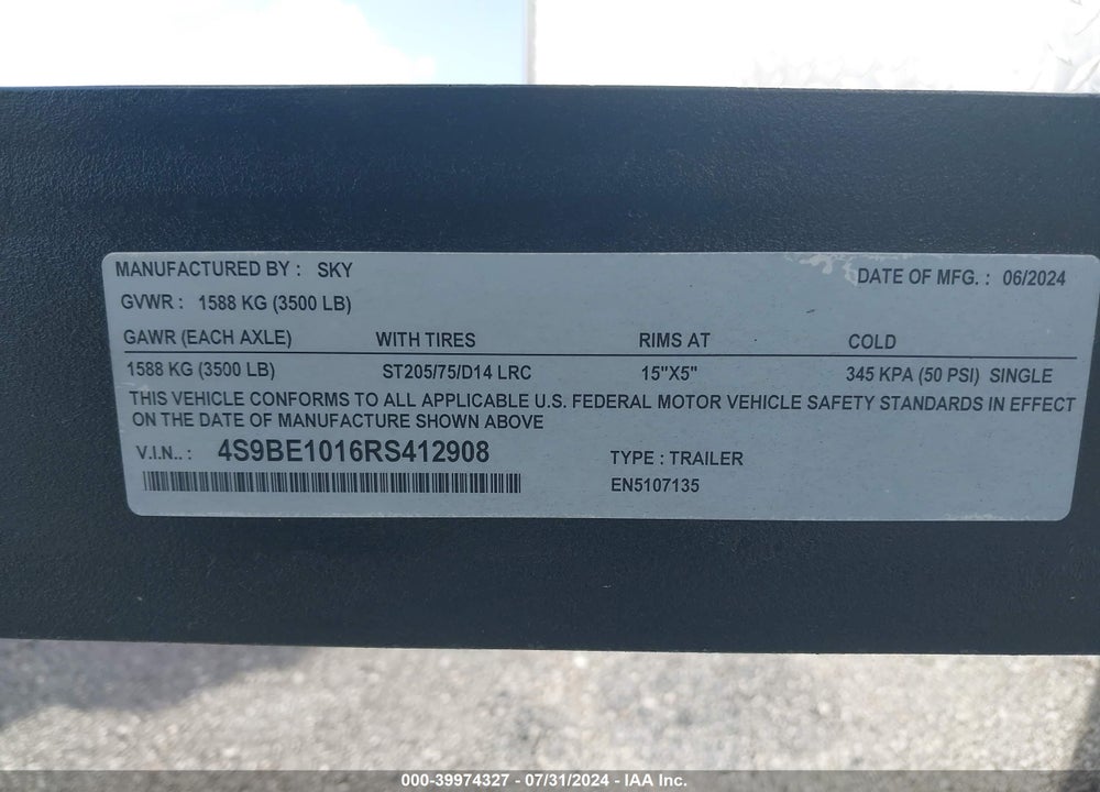 2024 SKYLINE TRAILERS OTHER VIN: 4S9BE1016RS412908
