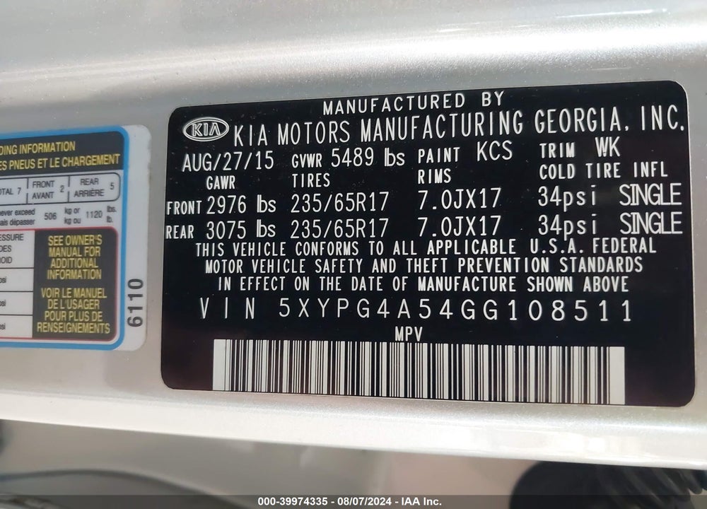 2016 KIA SORENTO VIN: 5XYPG4A54GG108511