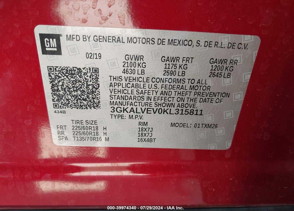 2019 GMC TERRAIN SLT VIN: 3GKALVEV0KL315811