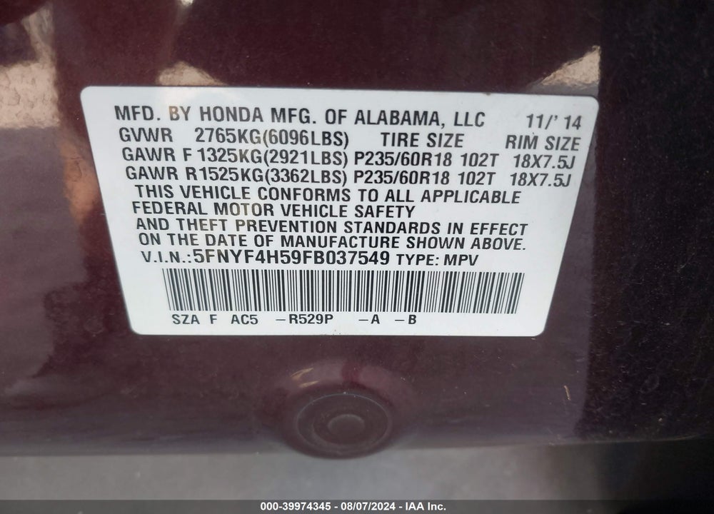 2015 HONDA PILOT EX-L VIN: 5FNYF4H59FB037549