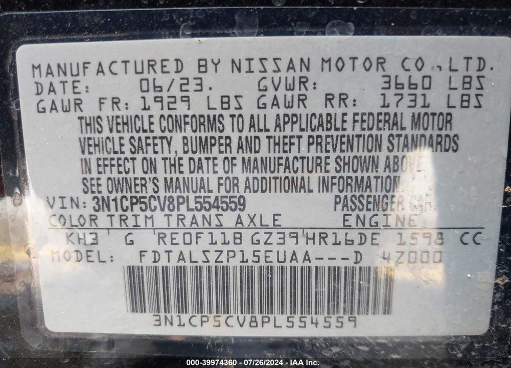 2023 NISSAN KICKS SV XTRONIC CVT VIN: 3N1CP5CV8PL554559