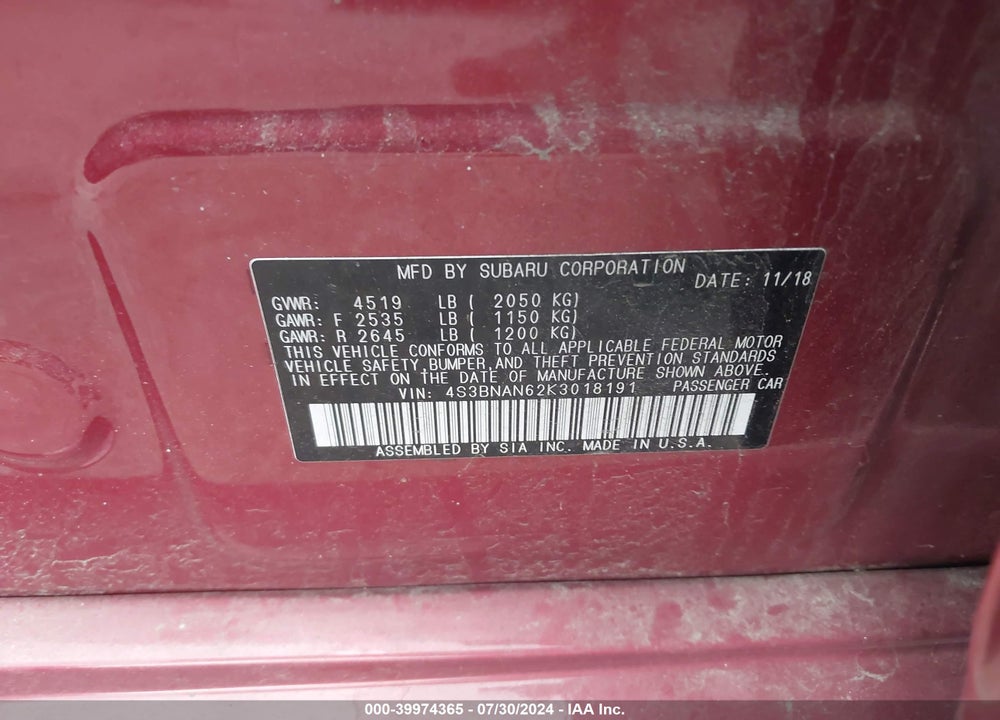 2019 SUBARU LEGACY 2.5I LIMITED VIN: 4S3BNAN62K3018191