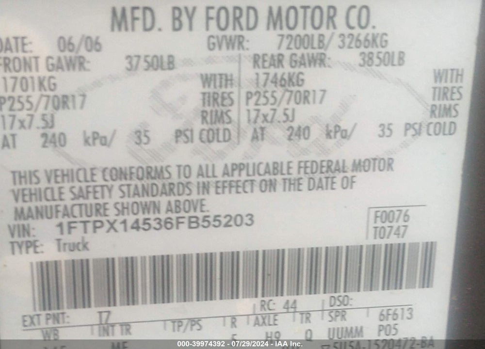 2006 FORD F-150 FX4/LARIAT/XL/XLT VIN: 1FTPX14536FB55203