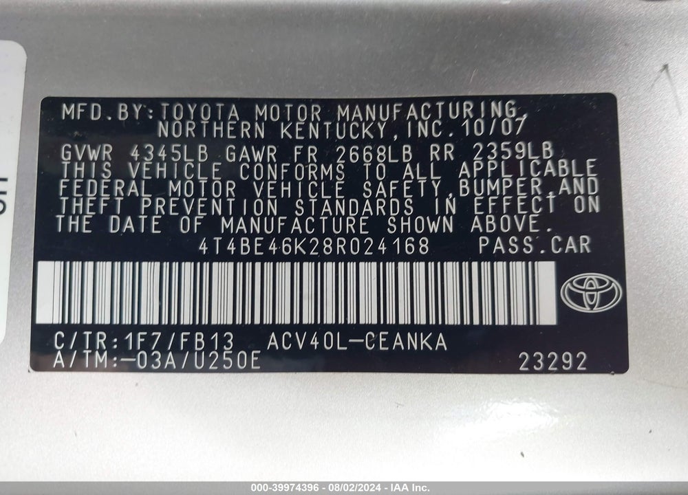 2008 TOYOTA CAMRY LE VIN: 4T4BE46K28R024168