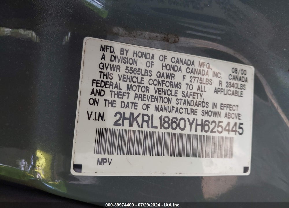 2000 HONDA ODYSSEY EX VIN: 2HKRL1860YH625445