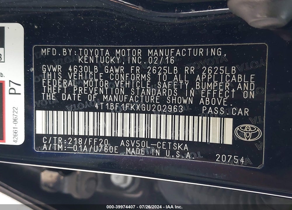 2016 TOYOTA CAMRY SE VIN: 4T1BF1FKXGU202963