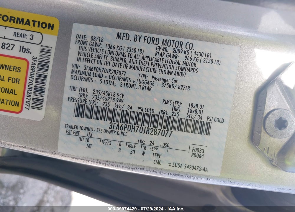 2018 FORD FUSION SE VIN: 3FA6P0H70JR287077