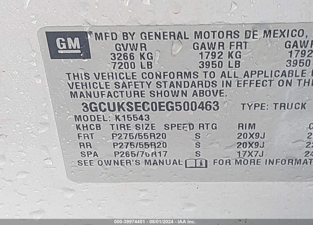 2014 CHEVROLET SILVERADO 1500 2LZ VIN: 3GCUKSEC0EG500463