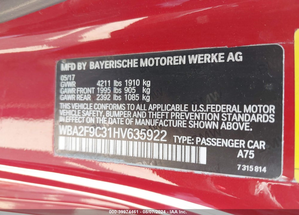 2017 BMW 230I VIN: WBA2F9C31HV635922