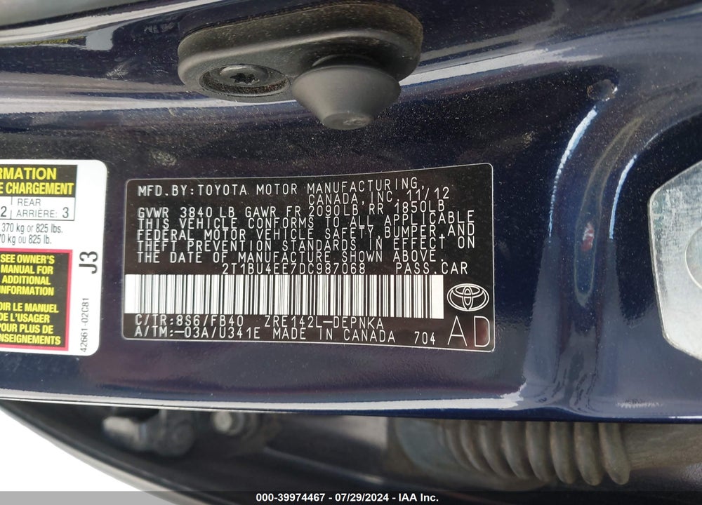 2013 TOYOTA COROLLA LE VIN: 2T1BU4EE7DC987068