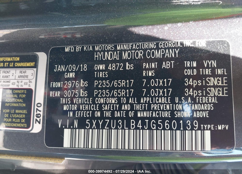 2018 HYUNDAI SANTA FE SPORT 2.4L VIN: 5XYZU3LB4JG560139