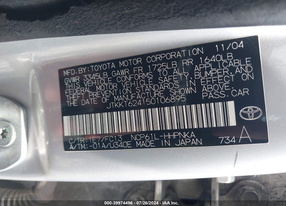 2005 SCION XA VIN: JTKKT624150106895