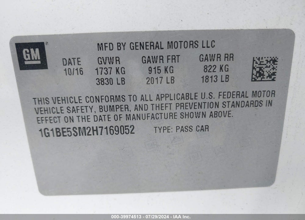 2017 CHEVROLET CRUZE LT AUTO VIN: 1G1BE5SM2H7169052