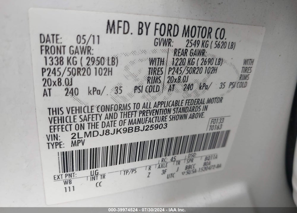 2011 LINCOLN MKX VIN: 2LMDJ8JK9BBJ25903