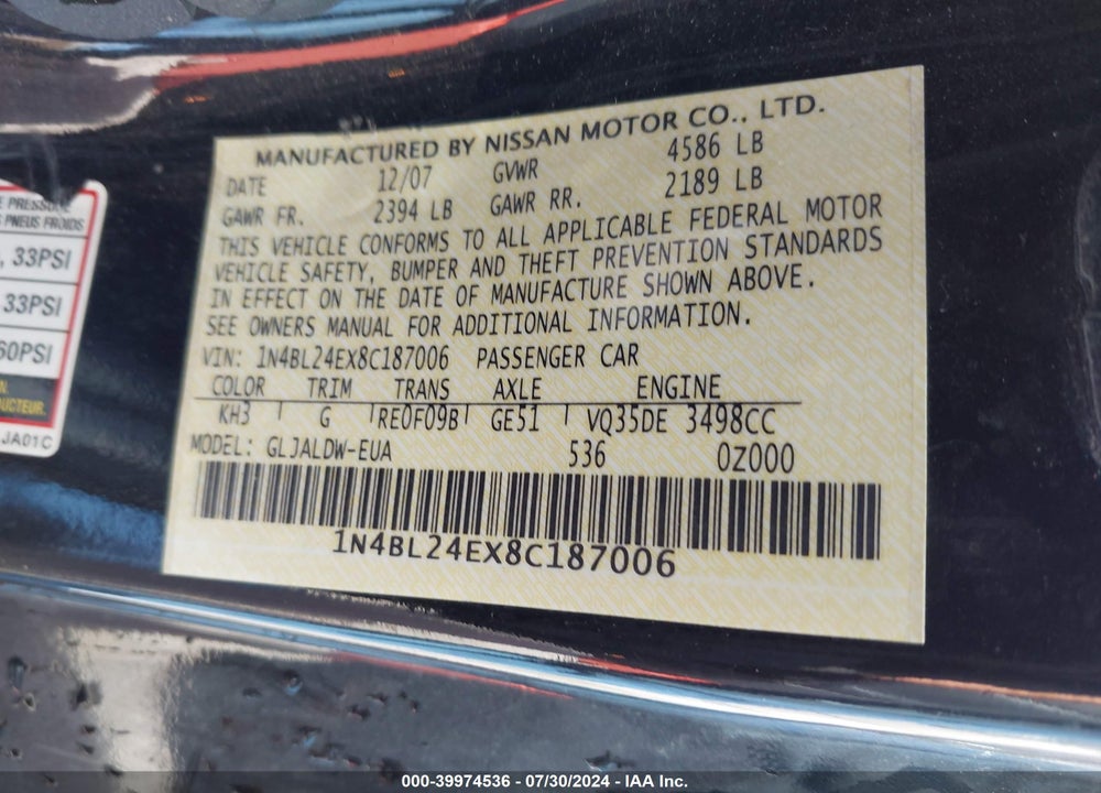 2008 NISSAN ALTIMA 3.5 SE VIN: 1N4BL24EX8C187006