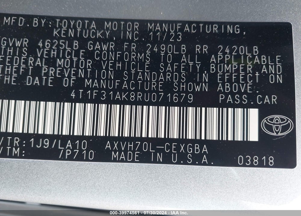 2024 TOYOTA CAMRY HYBRID XLE VIN: 4T1F31AK8RU071679