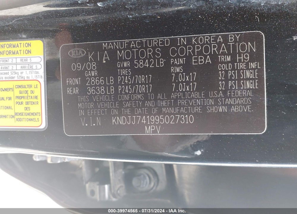 2009 KIA BORREGO EX V6 VIN: KNDJJ741995027310
