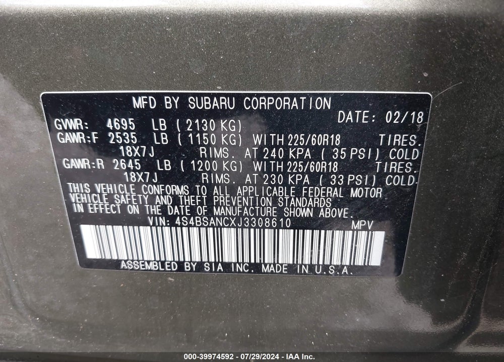 2018 SUBARU OUTBACK 2.5I LIMITED VIN: 4S4BSANCXJ3308610