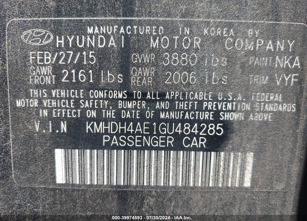 2016 HYUNDAI ELANTRA VALUE EDITION VIN: KMHDH4AE1GU484285