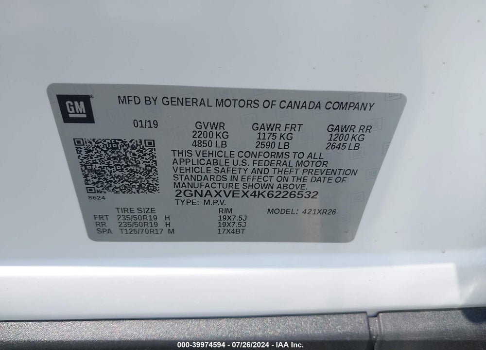 2019 CHEVROLET EQUINOX LT VIN: 2GNAXVEX4K6226532