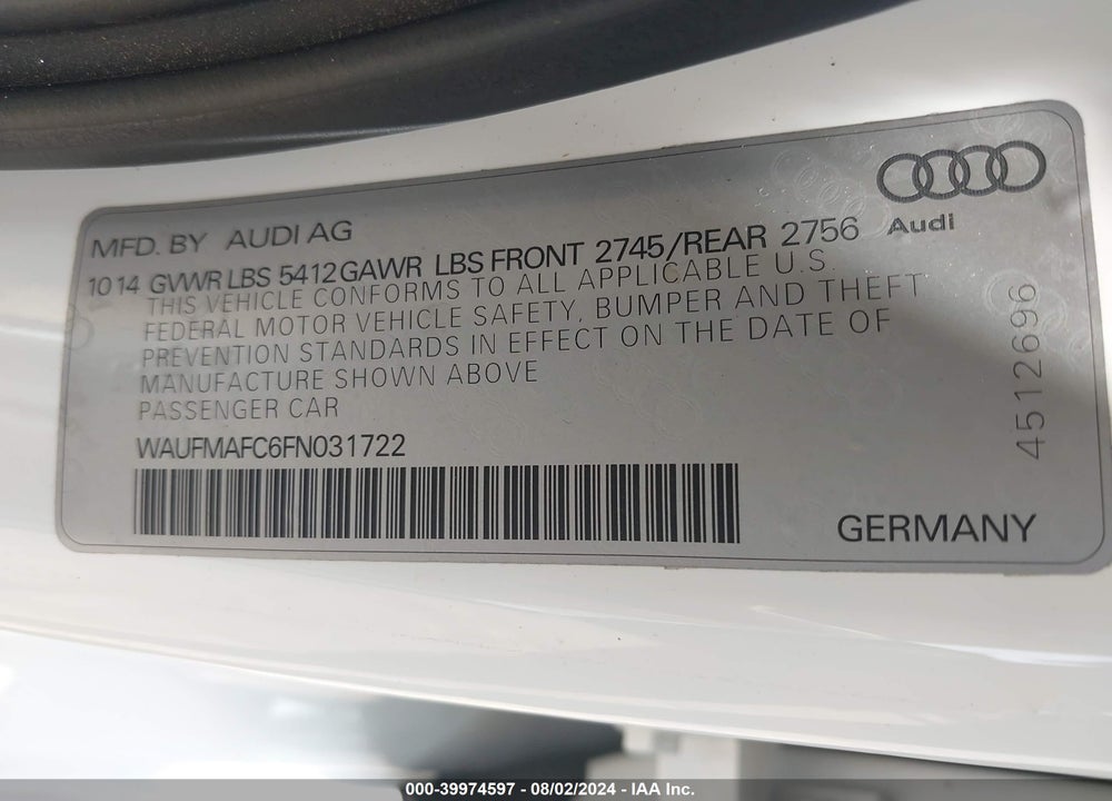 2015 AUDI A6 3.0 TDI PREMIUM PLUS VIN: WAUFMAFC6FN031722