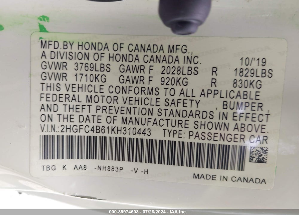 2019 HONDA CIVIC LX VIN: 2HGFC4B61KH310443