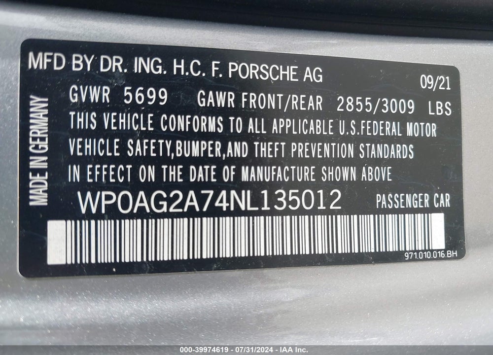 2022 PORSCHE PANAMERA GTS VIN: WP0AG2A74NL135012