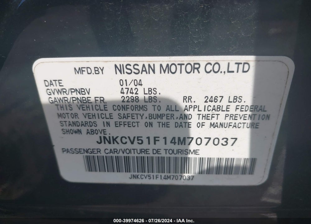 2004 INFINITI G35X VIN: JNKCV51F14M707037