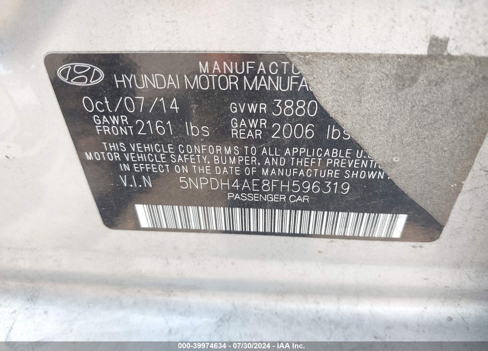 2015 HYUNDAI ELANTRA SE VIN: 5NPDH4AE8FH596319