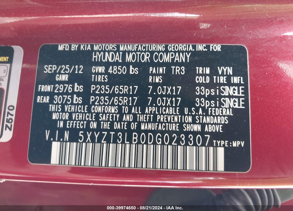 2013 HYUNDAI SANTA FE VIN: 5XYZT3LB0DG023307