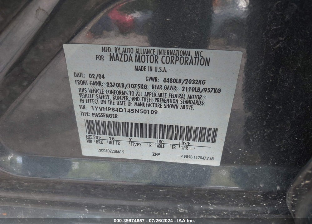2004 MAZDA 6 S VIN: 1YVHP84D145N50109
