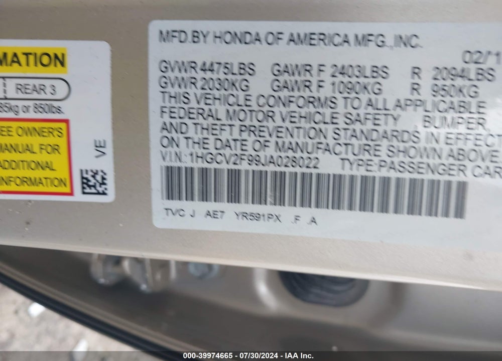 2018 HONDA ACCORD TOURING 2.0T VIN: 1HGCV2F99JA028022
