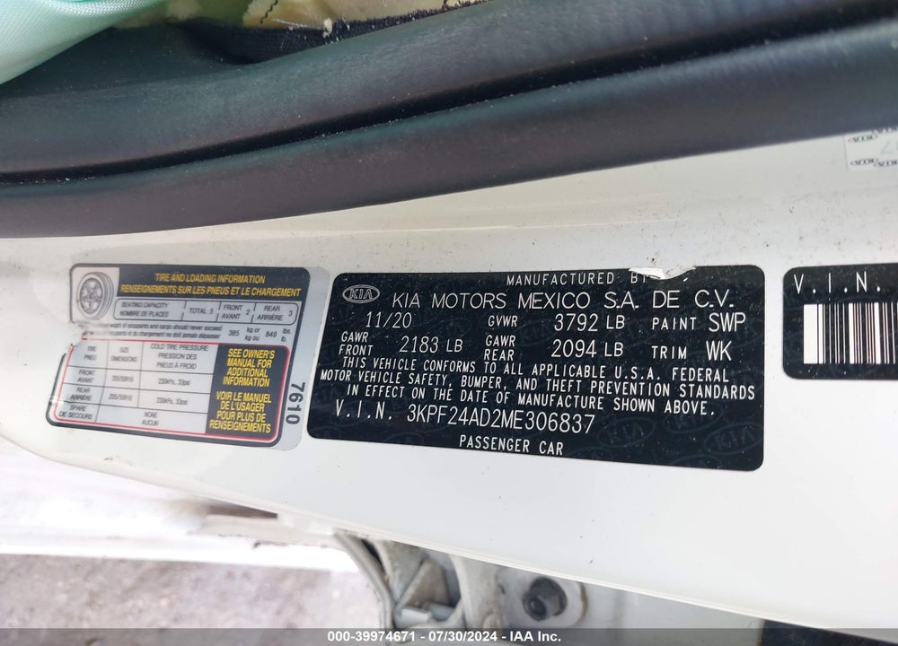 2021 KIA FORTE LXS VIN: 3KPF24AD2ME306837