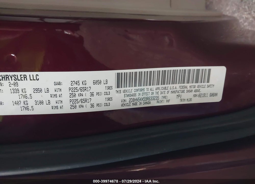 2009 DODGE GRAND CARAVAN SXT VIN: 2D8HN54X59R633235