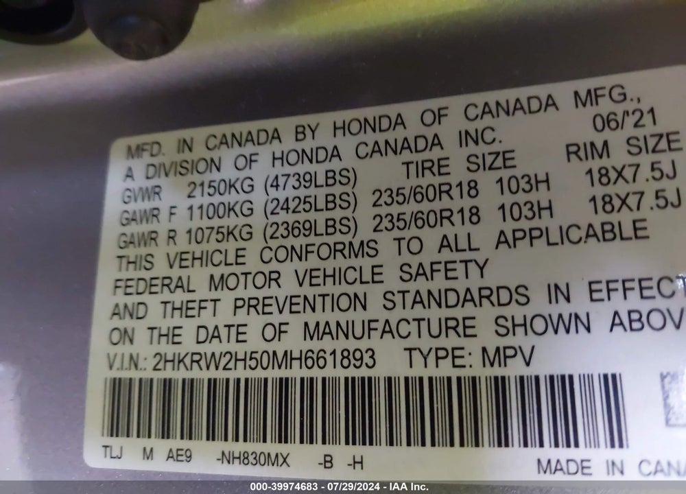 2021 HONDA CR-V AWD EX VIN: 2HKRW2H50MH661893