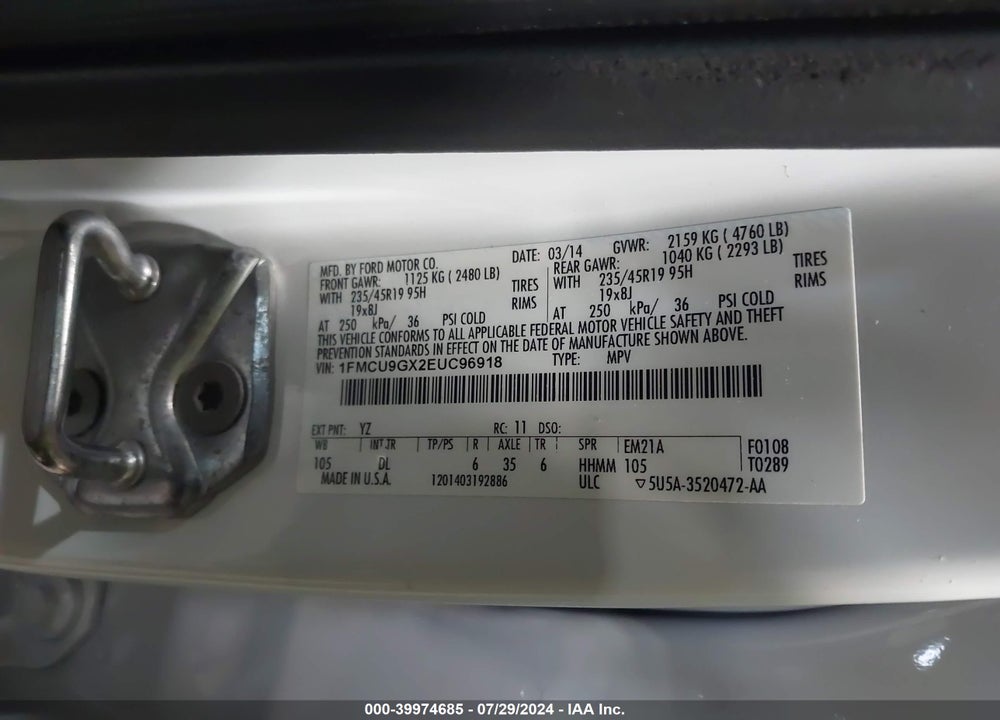 2014 FORD ESCAPE SE VIN: 1FMCU9GX2EUC96918