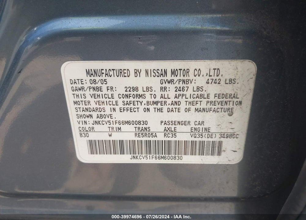 2006 INFINITI G35X VIN: JNKCV51F66M600830