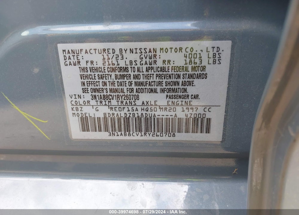 2024 NISSAN SENTRA SV XTRONIC CVT VIN: 3N1AB8CV1RY260708