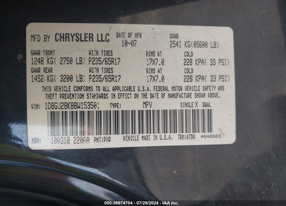 2008 DODGE NITRO SXT VIN: 1D8GU28K88W153501