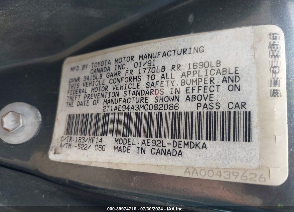 1991 TOYOTA COROLLA VIN: 2T1AE94A3MC082086