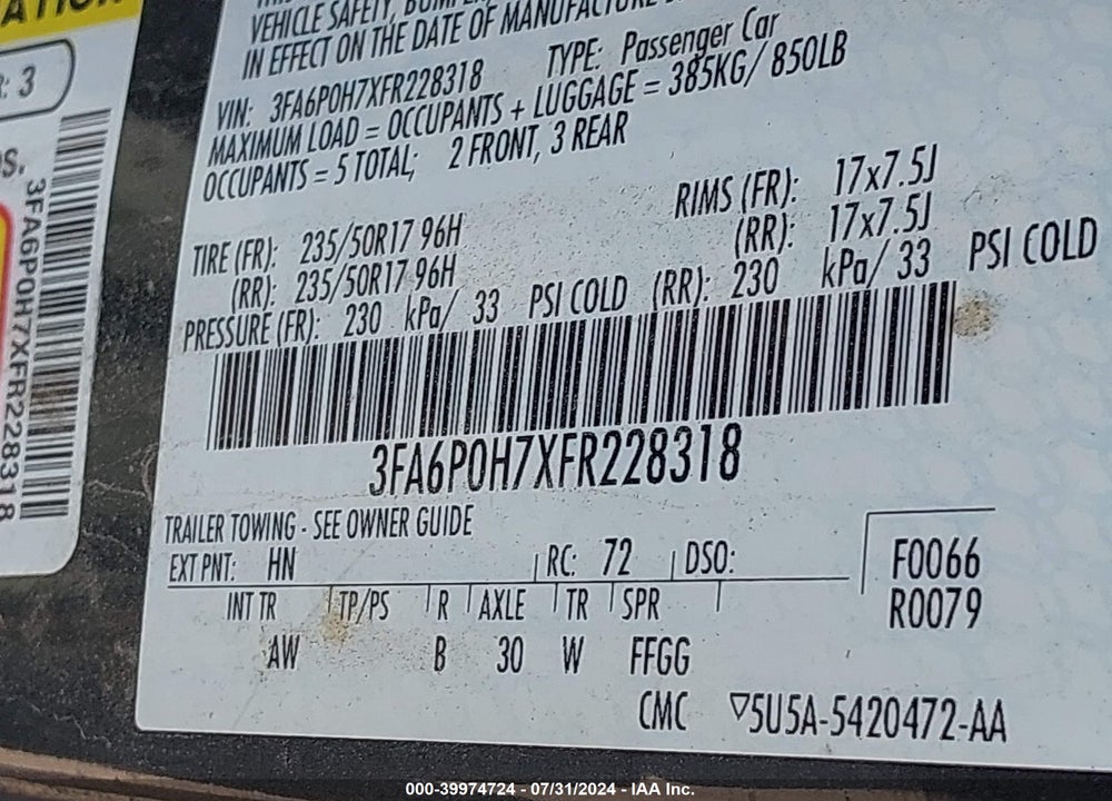 2015 FORD FUSION SE VIN: 3FA6P0H7XFR228318
