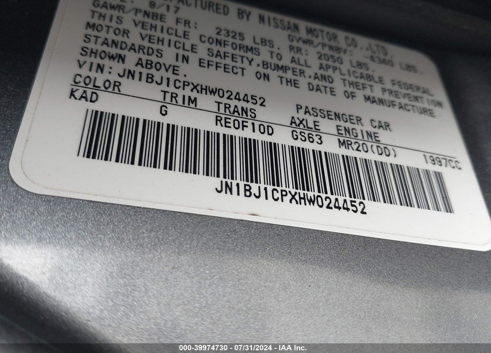 2017 NISSAN ROGUE SPORT SL VIN: JN1BJ1CPXHW024452