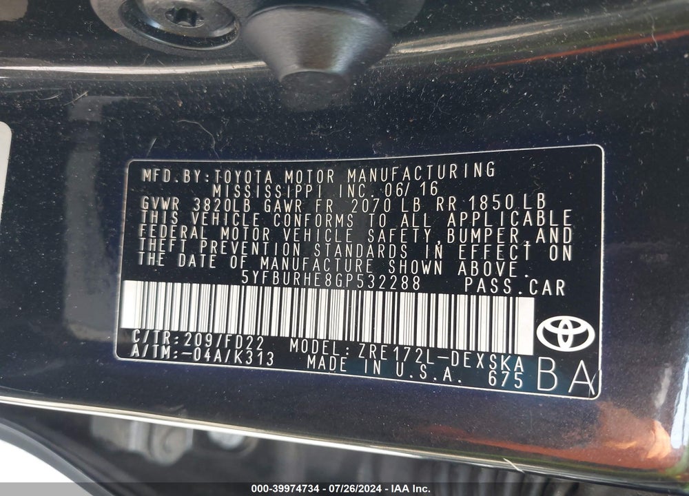 2016 TOYOTA COROLLA S PLUS VIN: 5YFBURHE8GP532288