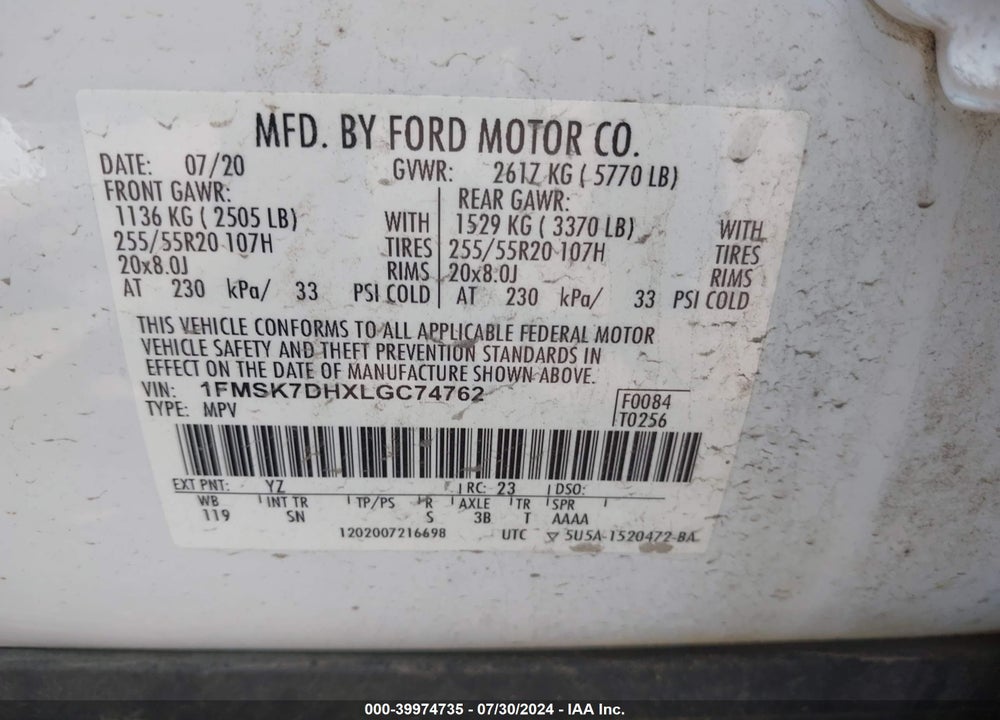 2020 FORD EXPLORER XLT VIN: 1FMSK7DHXLGC74762